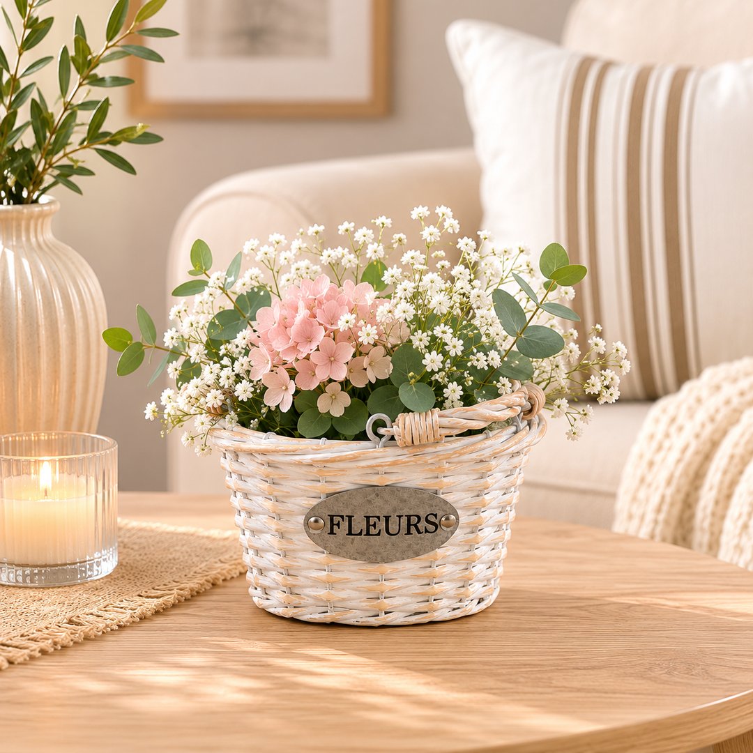 Cestino ovale bianco Fleurs medium