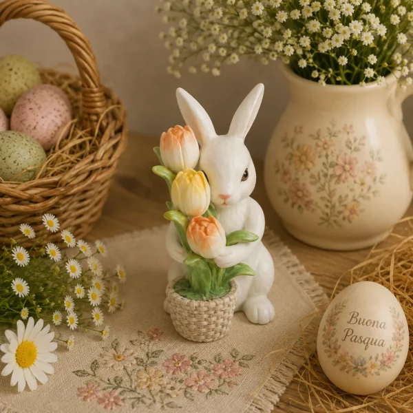 Coniglio con cestino di tulipani
