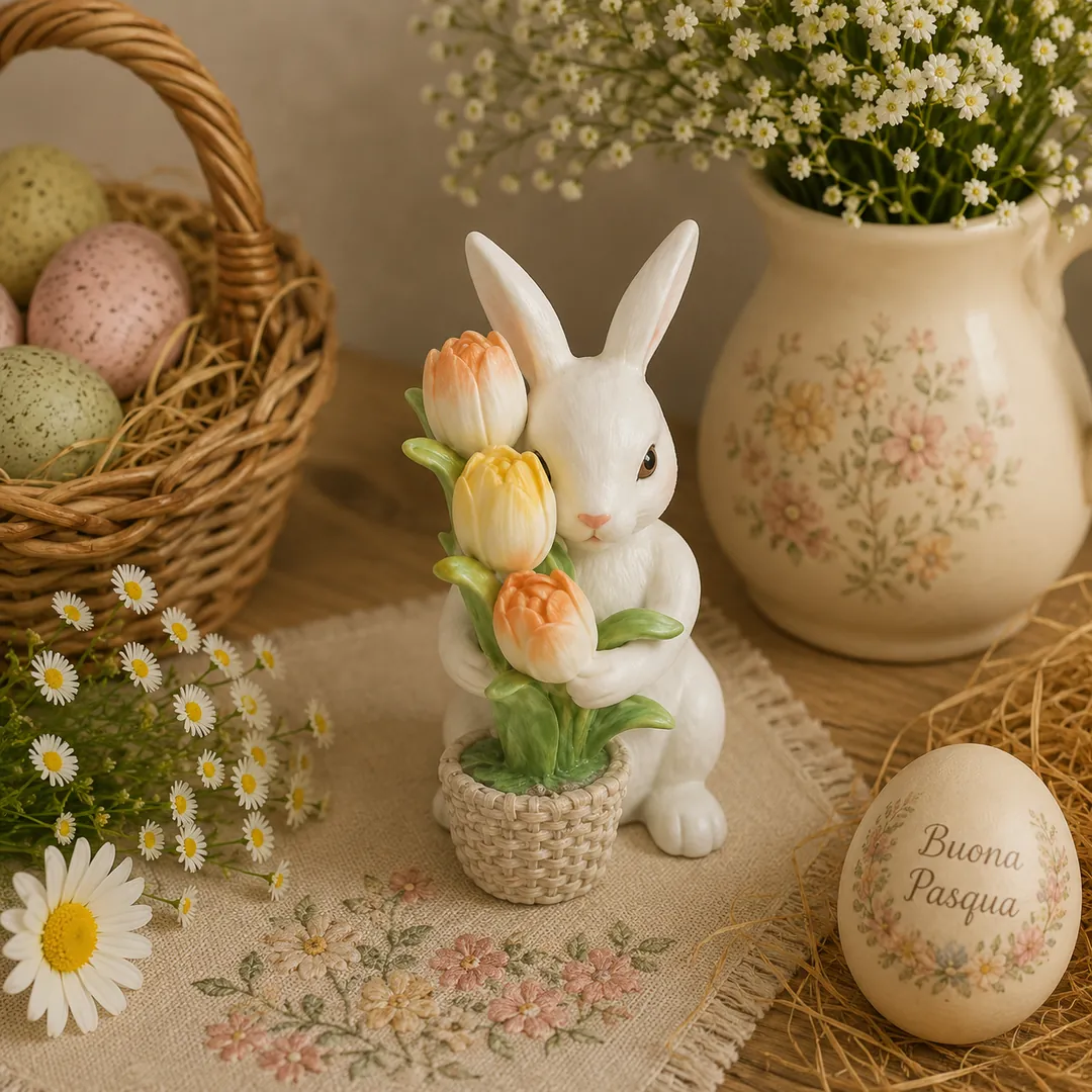 Coniglio con cestino di tulipani