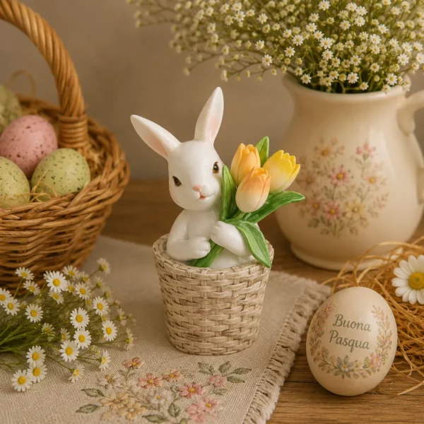 Coniglio nel cestino con tulipani