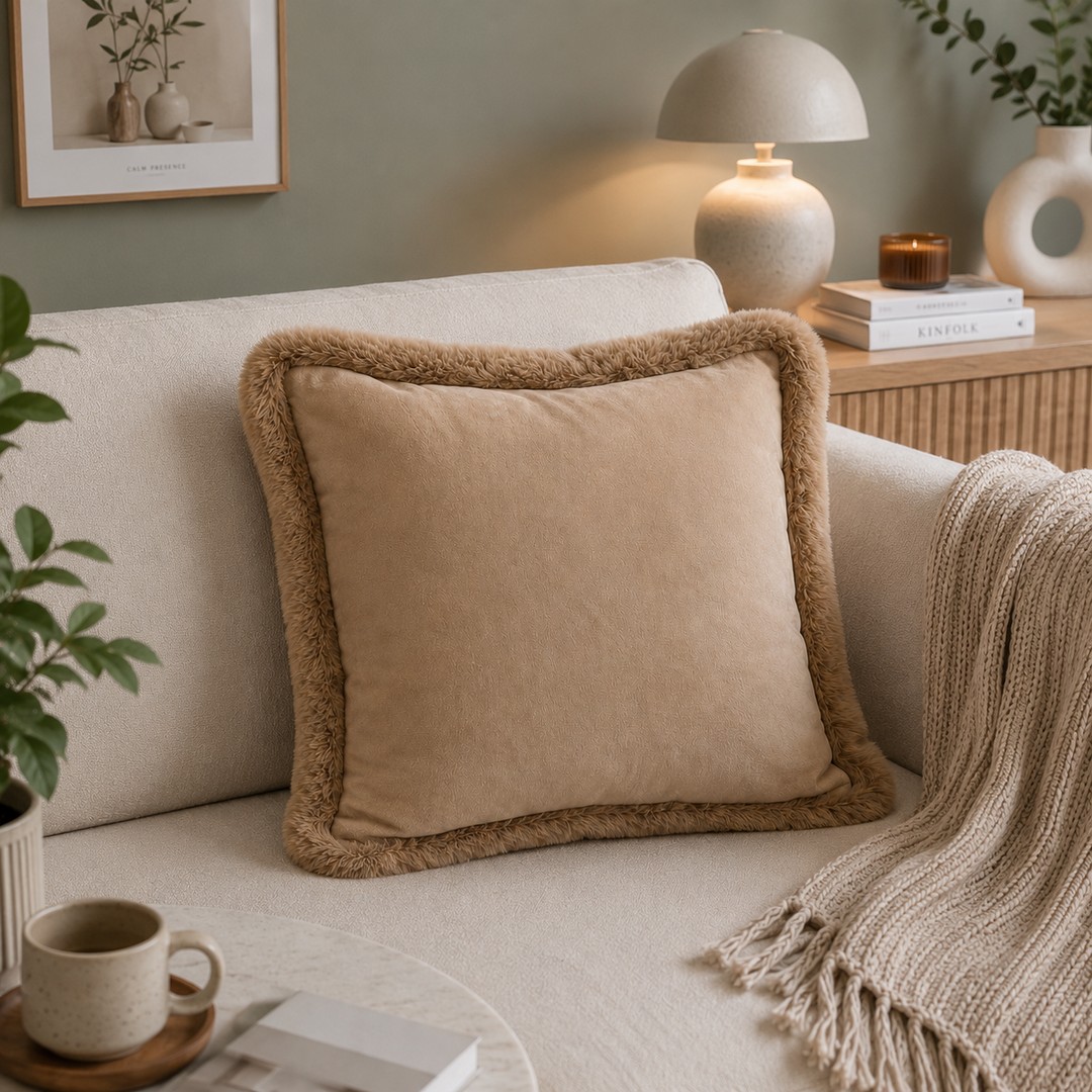 Fodera cuscino arredo bordo pelliccia beige