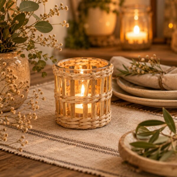 Porta tealight Torino rattan righe