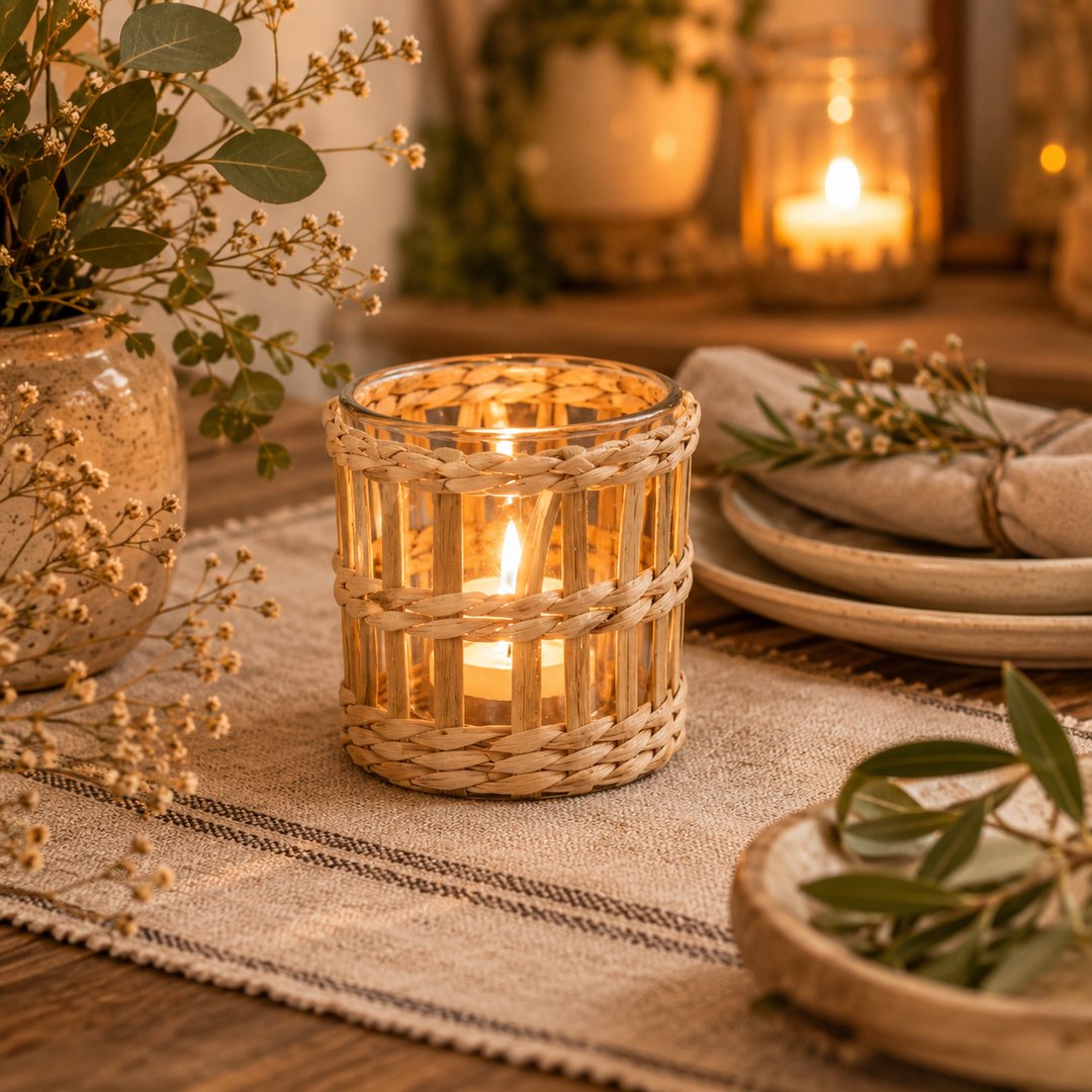 Porta tealight Torino rattan righe