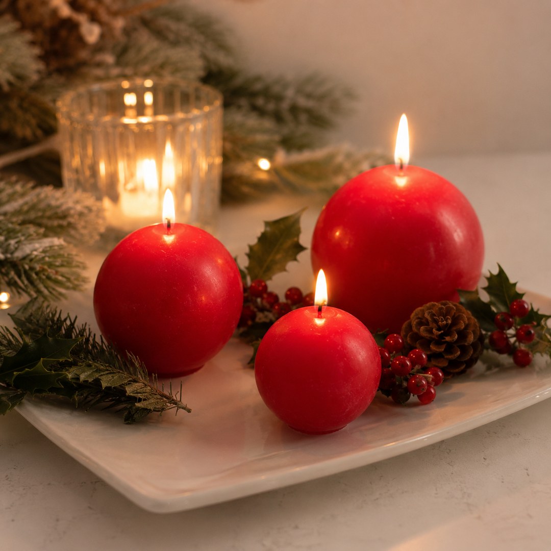 Quattro candele sfera rosse 5 cm