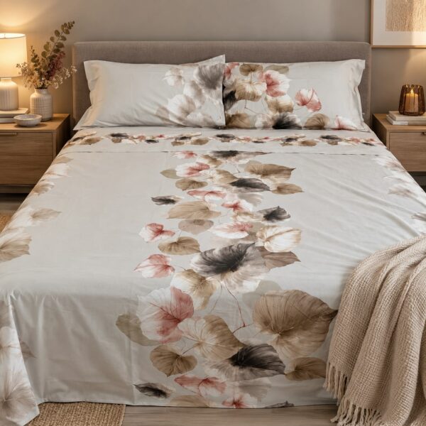 Completo letto matrimoniale percalle Foglie ecru
