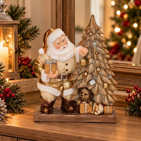 Babbo Natale con albero e regali oro