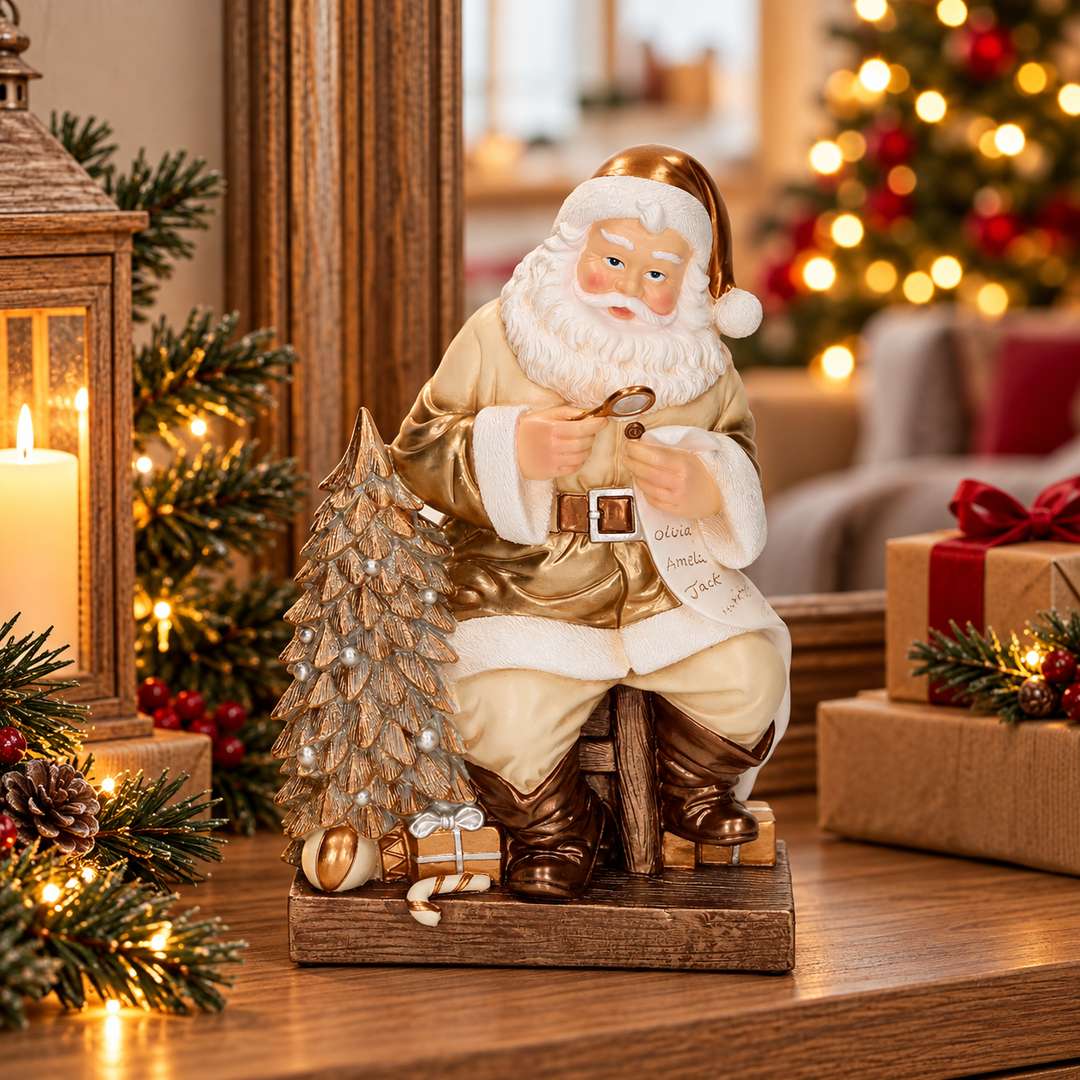 Babbo Natale con lista e lente oro