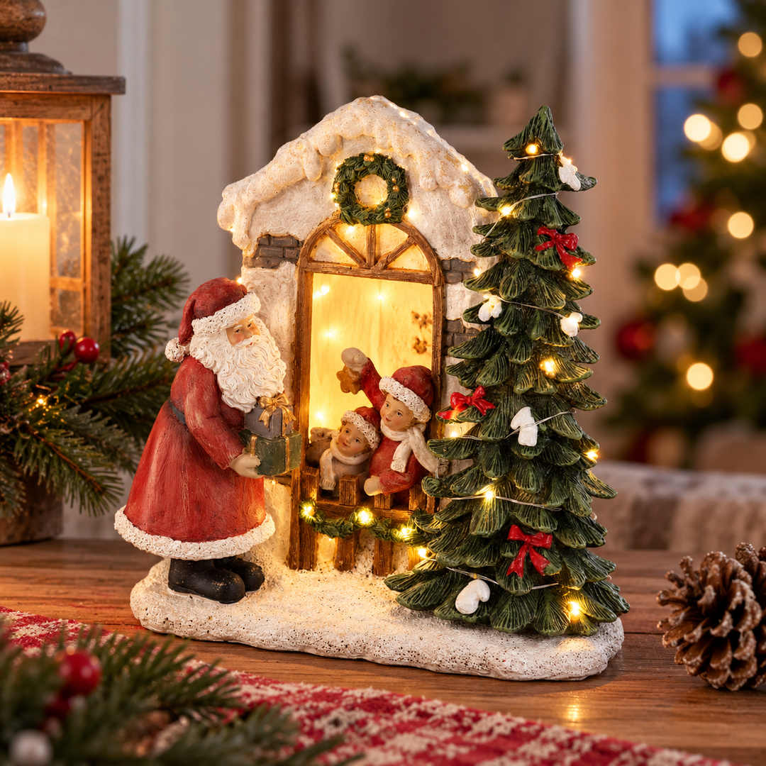 Babbo Natale con bimbi e albero a led
